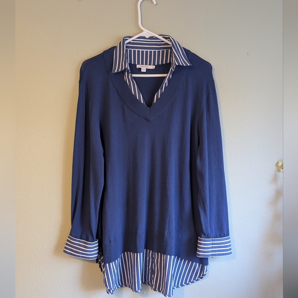 Chico's 4 Womens Blue V-Neck Sweater Long Sleeve Striped Shirt Built-In Size XXL - Picture 6 of 9